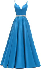 Spaghetti Stracles Robe de bal Long Satin perle en V V Vandes de balle de fête de soirée avec poches