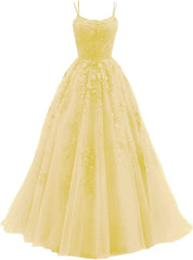 Lace Appliques prom -jurken voor dames Lange spaghetti -riem Baljurken TULLE Formele jurk voor feest