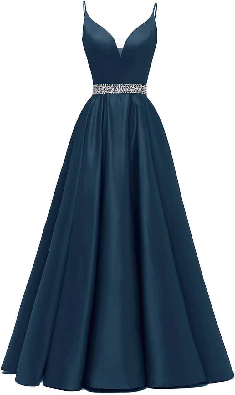 Spaghetti Stracles Robe de bal Long Satin perle en V V Vandes de balle de fête de soirée avec poches