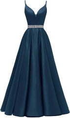 Spaghetti Stracles Robe de bal Long Satin perle en V V Vandes de balle de fête de soirée avec poches