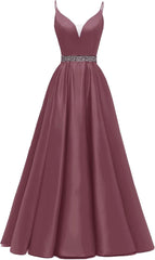 Spaghetti Stracles Robe de bal Long Satin perle en V V Vandes de balle de fête de soirée avec poches