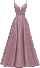 Spaghetti Stracles Robe de bal Long Satin perle en V V Vandes de balle de fête de soirée avec poches