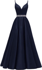 Spaghetti Stracles Robe de bal Long Satin perle en V V Vandes de balle de fête de soirée avec poches