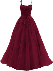 Lace Appliques prom -jurken voor dames Lange spaghetti -riem Baljurken TULLE Formele jurk voor feest
