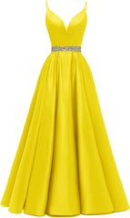 Spaghetti Stracles Robe de bal Long Satin perle en V V Vandes de balle de fête de soirée avec poches