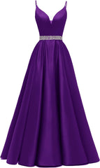 Spaghetti Stracles Robe de bal Long Satin perle en V V Vandes de balle de fête de soirée avec poches