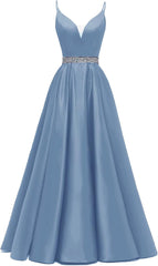 Spaghetti Stracles Robe de bal Long Satin perle en V V Vandes de balle de fête de soirée avec poches