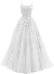 Lace Appliques prom -jurken voor dames Lange spaghetti -riem Baljurken TULLE Formele jurk voor feest