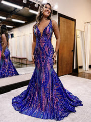 Mermaid V Neck Blue Sequin Lace Long Prom Dresses