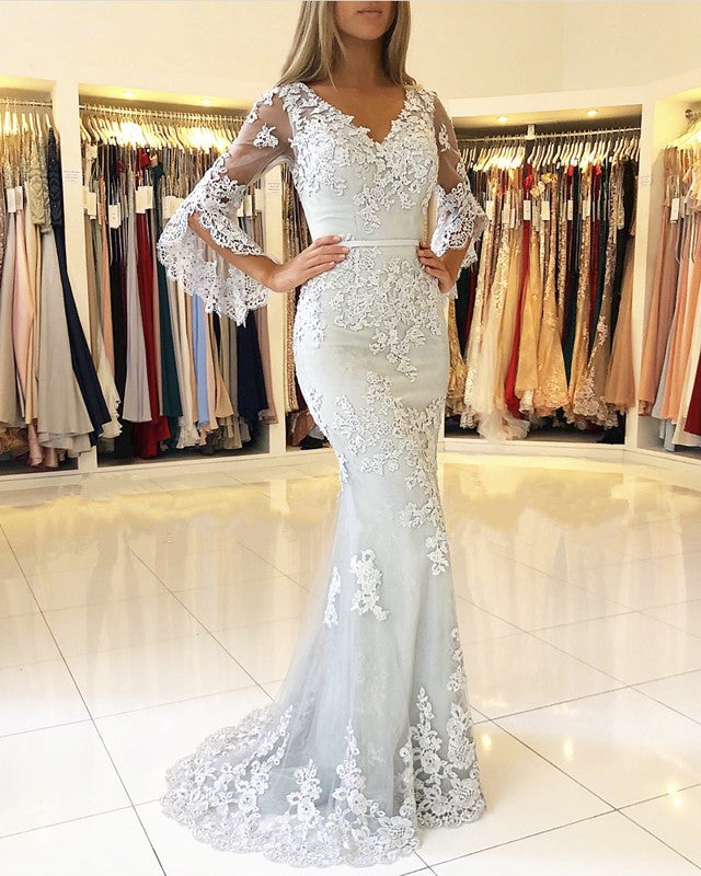 Elegant Puffy Sleeves Lace V-neck Mermaid Prom Evening Dresses