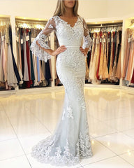 Elegant Puffy Sleeves Lace V-neck Mermaid Prom Evening Dresses