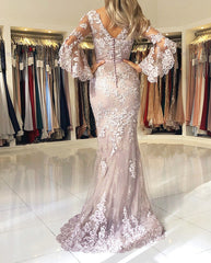 Elegant Puffy Sleeves Lace V-neck Mermaid Prom Evening Dresses