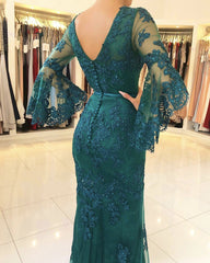Elegant Puffy Sleeves Lace V-neck Mermaid Prom Evening Dresses