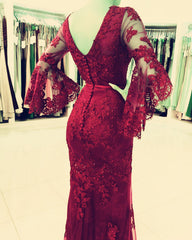 Elegant Puffy Sleeves Lace V-neck Mermaid Prom Evening Dresses