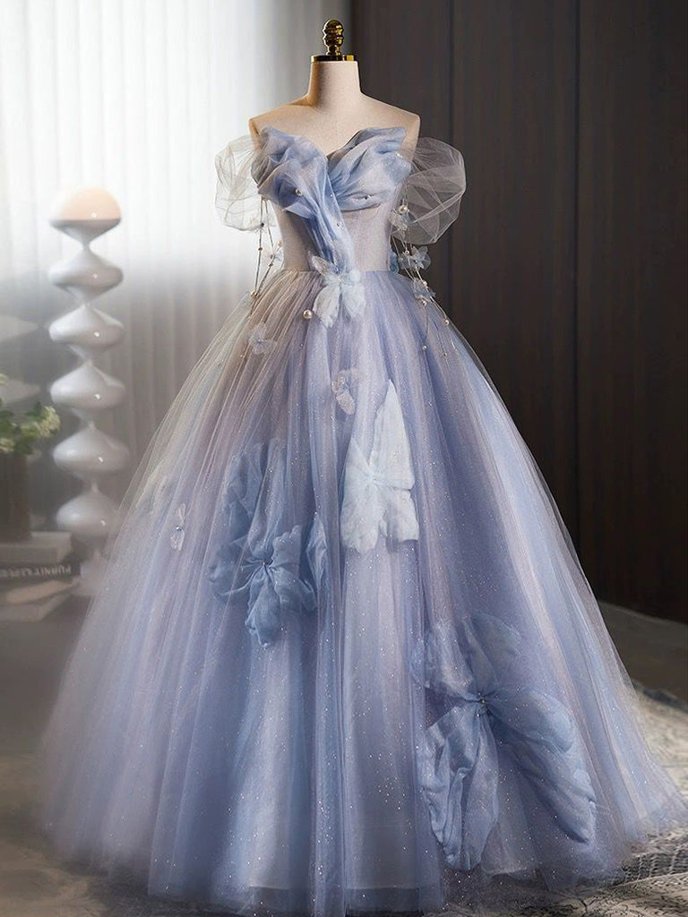 A-line Off Shoulder Tulle Flower Blue Long Prom Dress, Blue Long Formal Dress