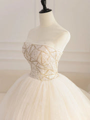 Champagne tulle sequin beads long prom dress, champagne evening dress