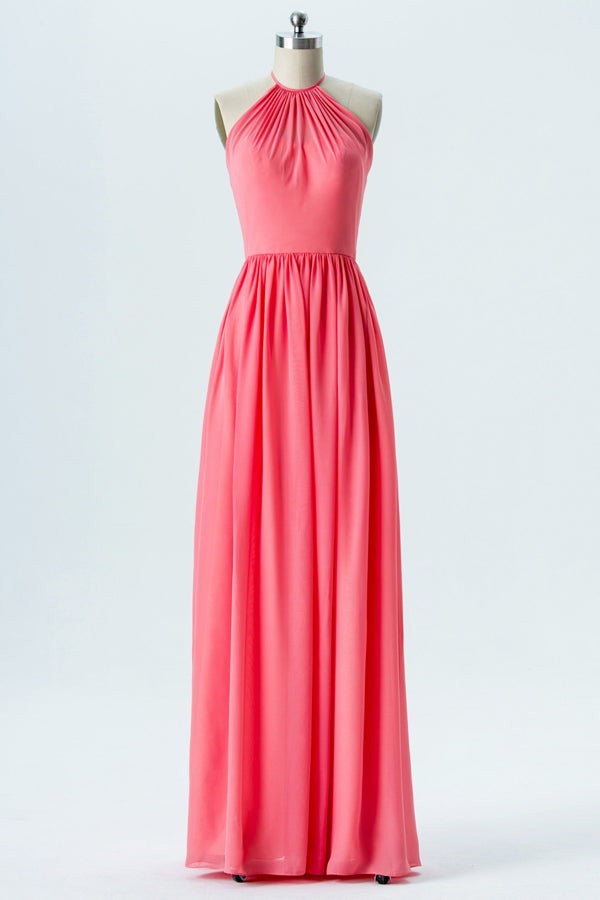Hot Pink Halter Backless Bridesmaid Dress