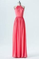 Hot Pink Halter Backless Bridesmaid Dress