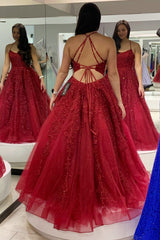A-Line Hot Pink Applique Lace-Up Long Formal Dress