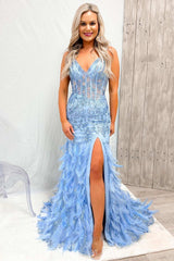 Blue Tulle Sequin V-Neck Mermaid Long Prom Gown with Feathers
