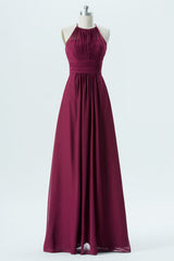 Burgundy Halter Open Back Long Bridesmaid Dress