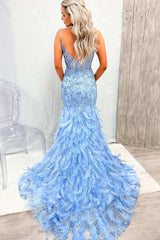 Blue Tulle Sequin V-Neck Mermaid Long Prom Gown with Feathers