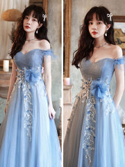 Blue tulle off shoulder long prom dress, blue tulle formal dress