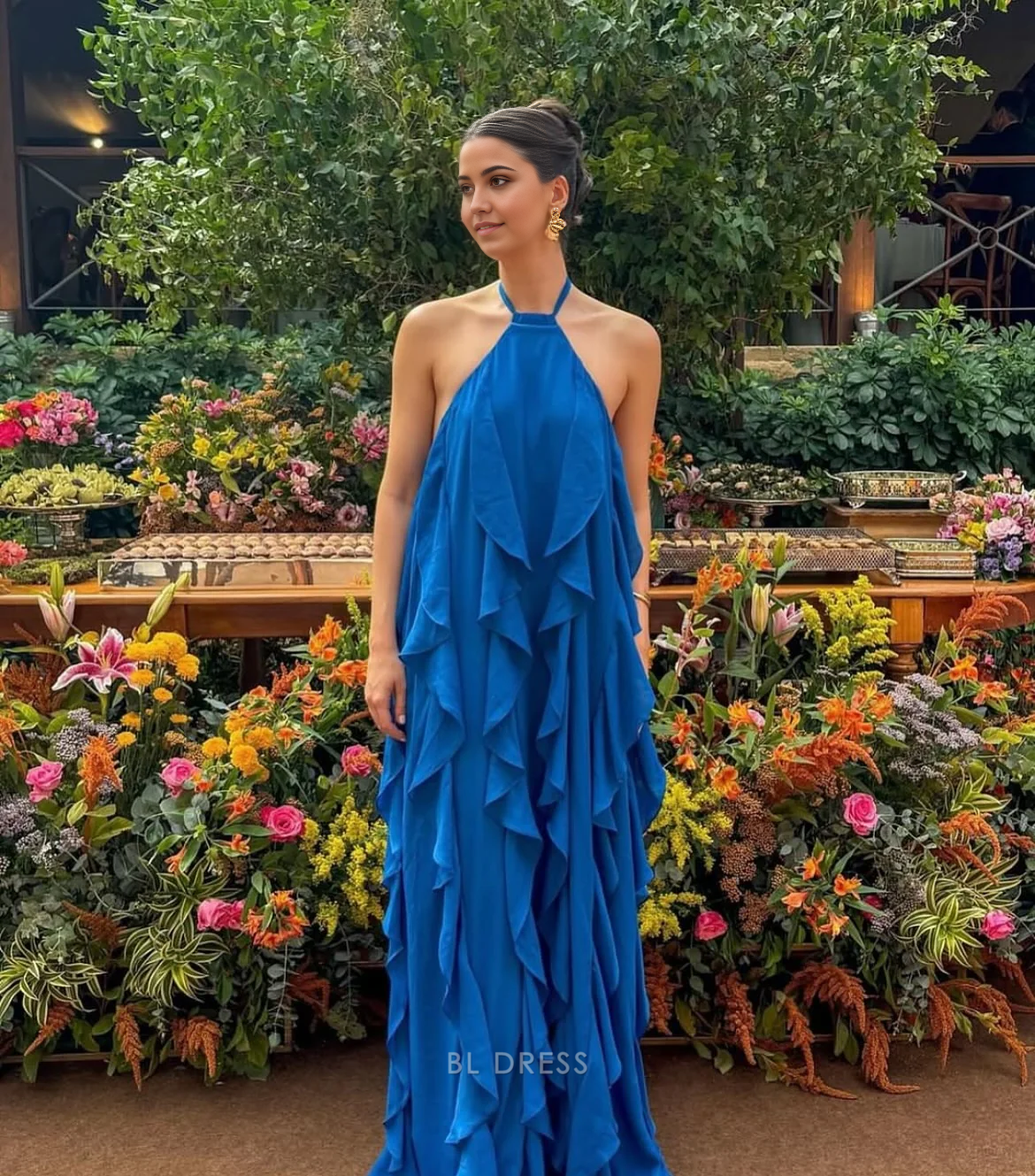 A Line Halter Ruffle Chiffon Blue formal dresses Bridesmaid Dresses evening gown Prom Dress