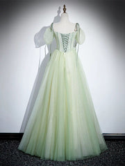 A-Line Tulle Lace Green Long Prom Dress, Green Long Evening Dress