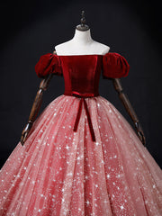Burgundy/Pink Tulle Velvet Long Prom Dress, Burgundy Formal Dress