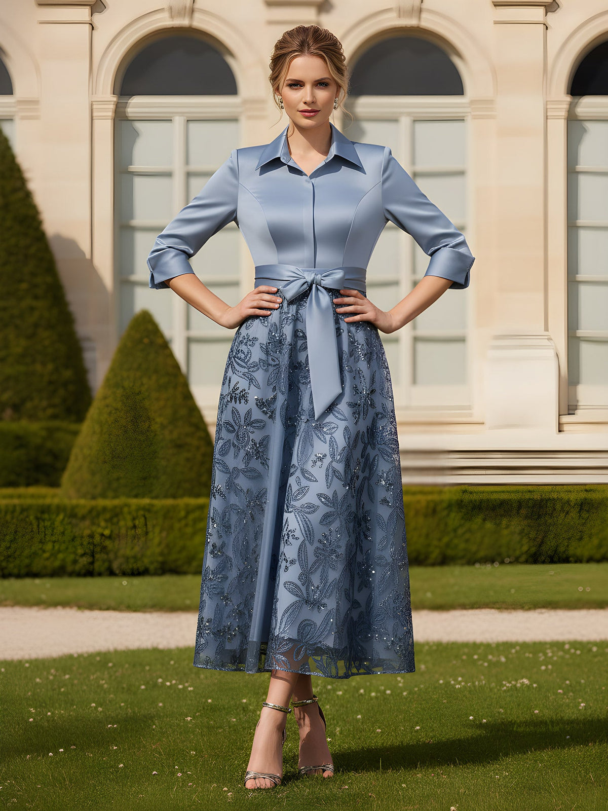 3/4 Sleeves A-Line Lace Sequins Tea-Length Dress Dusty Blue
