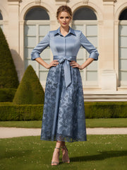 3/4 Sleeves A-Line Lace Sequins Tea-Length Dress Dusty Blue