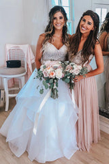 Pink Long Bridesmaid Dress with Silver Sequins Top