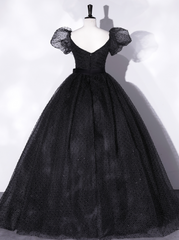 Black A-Line Tulle Long Prom Dresses, Black Formal Sweet 16 Dress