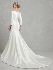 Simple Wedding Dresses Mermaid / Trumpet Off Shoulder 3/4 Length Sleeve Chapel Train Satin Bridal Gowns With Pleats