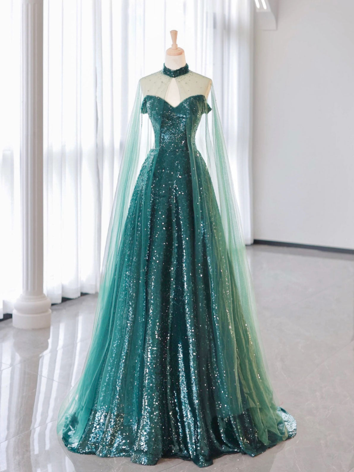 A-Line Tulle Sequin Green Long Prom Dress, Green Formal Evening  Dress