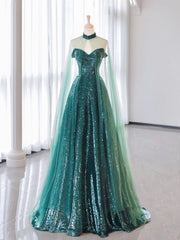 A-Line Tulle Sequin Green Long Prom Dress, Green Formal Evening  Dress