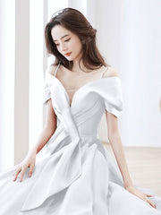 White A-Line Satin Long Prom Dress, White Formal Dress