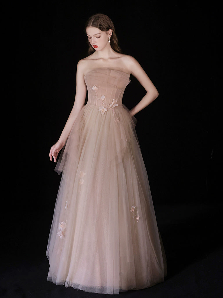Champagne A-Line Tulle Long Prom Dress, Champagne Long Formal Dress