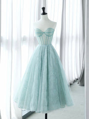 A-Line Sweetheart Neck Tulle Lace Blue Short Prom Dress, Blue Formal Dress