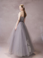 A-Line Tulle Lace Gray Purple Long Prom Dress, Gray Purple Formal Evening Dress
