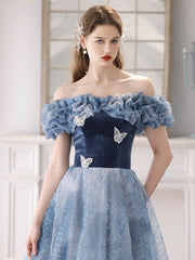 Blue  A-Line Tulle Lace Long Prom Dress, Blue Long Formal Dress