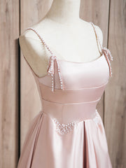 A-Line Satin Beads Pink Long Prom Dress, Pink Long Formal Dress