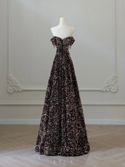 Off Shoulder A-Line Coffee Gold Sequin Long Prom Dress, Coffee Gold Evening Dress