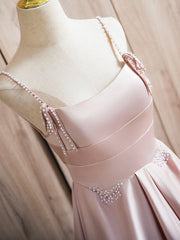 A-Line Satin Beads Pink Long Prom Dress, Pink Long Formal Dress