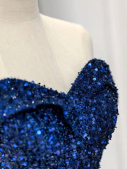 Simple Off Shoulder Sequin Blue Long prom Dress, Blue Sequin Long Evening Dress