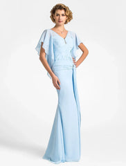 Mermaid / Trumpet Mother of the Bride Dress Vintage Inspired V Neck Floor Length Chiffon Short Sleeve with Beading Side Draping Crystal Brooch