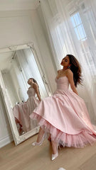 A Line Spaghetti Strap Light Pink Tulle Satin Prom Dress Evening Dress