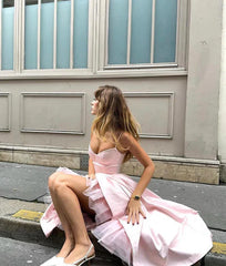 A Line Spaghetti Strap Light Pink Tulle Satin Prom Dress Evening Dress