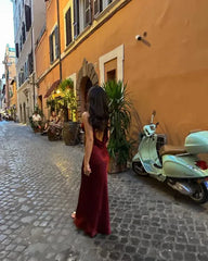 Sheath V Neck Burgundy Satin Open Back Long Prom Dress Graduation Prom Dress